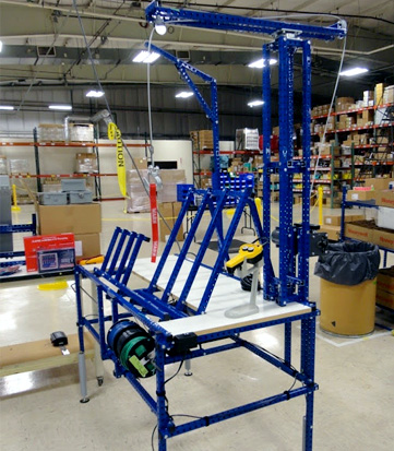 Packaging Workstation with an overhead crane made with Flex Craft products.