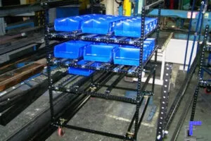 A mobile Flex Craft Flow Rack Conveyor with blue block bins.