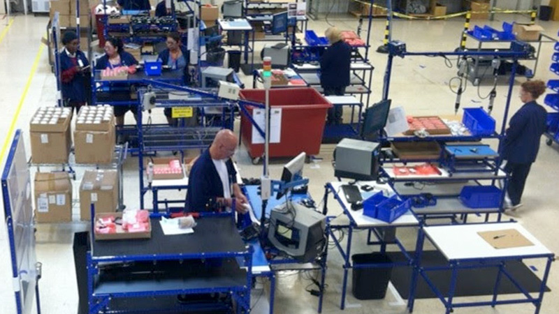 A bird-eye view of a manufacturing floor using Flex Craft workstation kits.