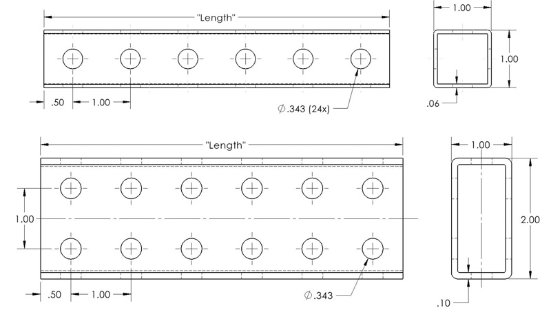 Specification diagrams of Flex Craft's 1"x1" and 1"x2" steel tubing.