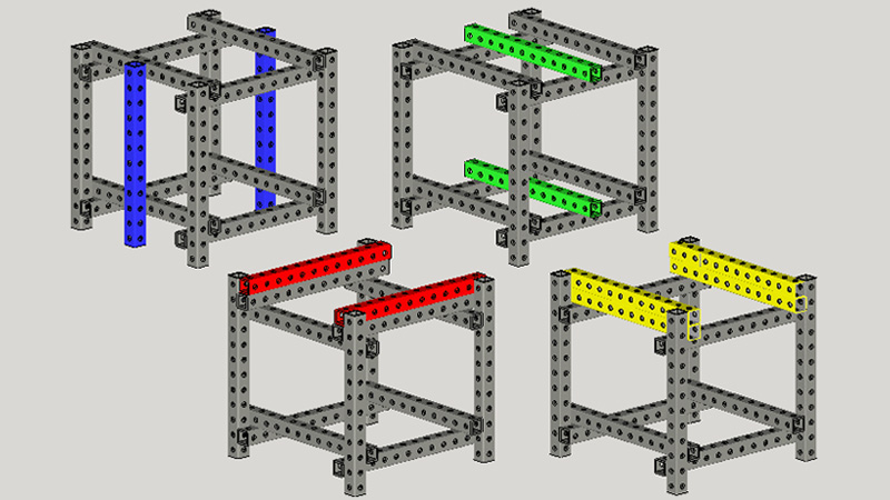 3D rendering of how to add additional strength to Flex Craft tube structures by adding vertical or horizontal tube supports.