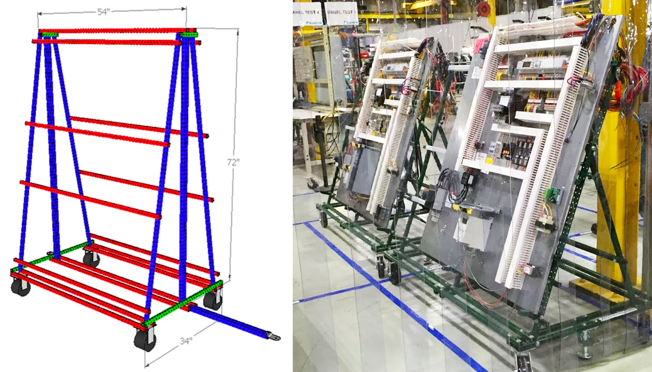 Flex Craft can design, create, and assemble projects for you, like this computer rendering of a Flex Craft A-Frame Cart on the left and the completed cart in use on the right.