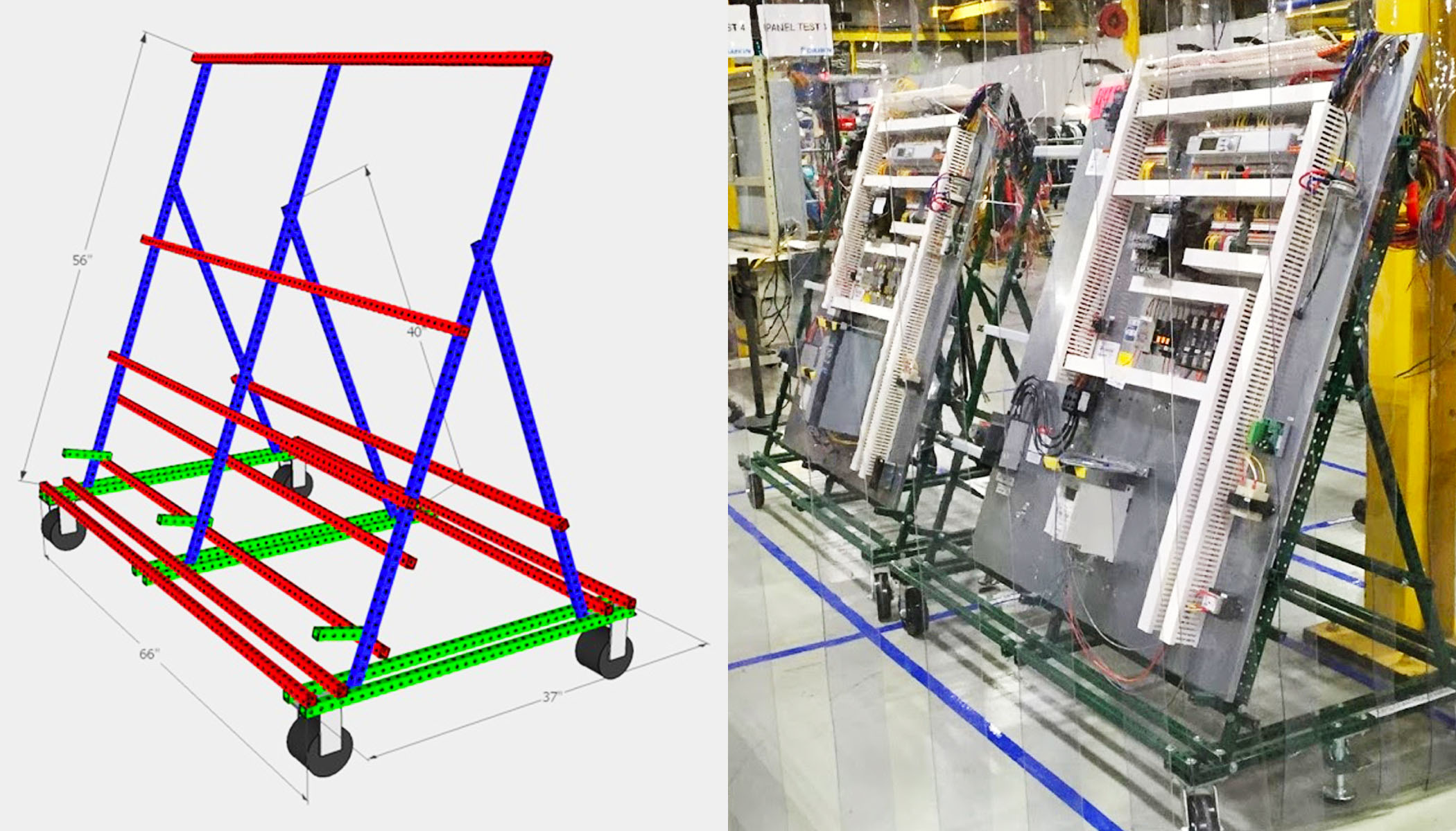 Flex Craft can design, create, and assemble projects for you, like this computer rendering of a Flex Craft A-Frame Cart on the left and the completed cart in use on the right.
